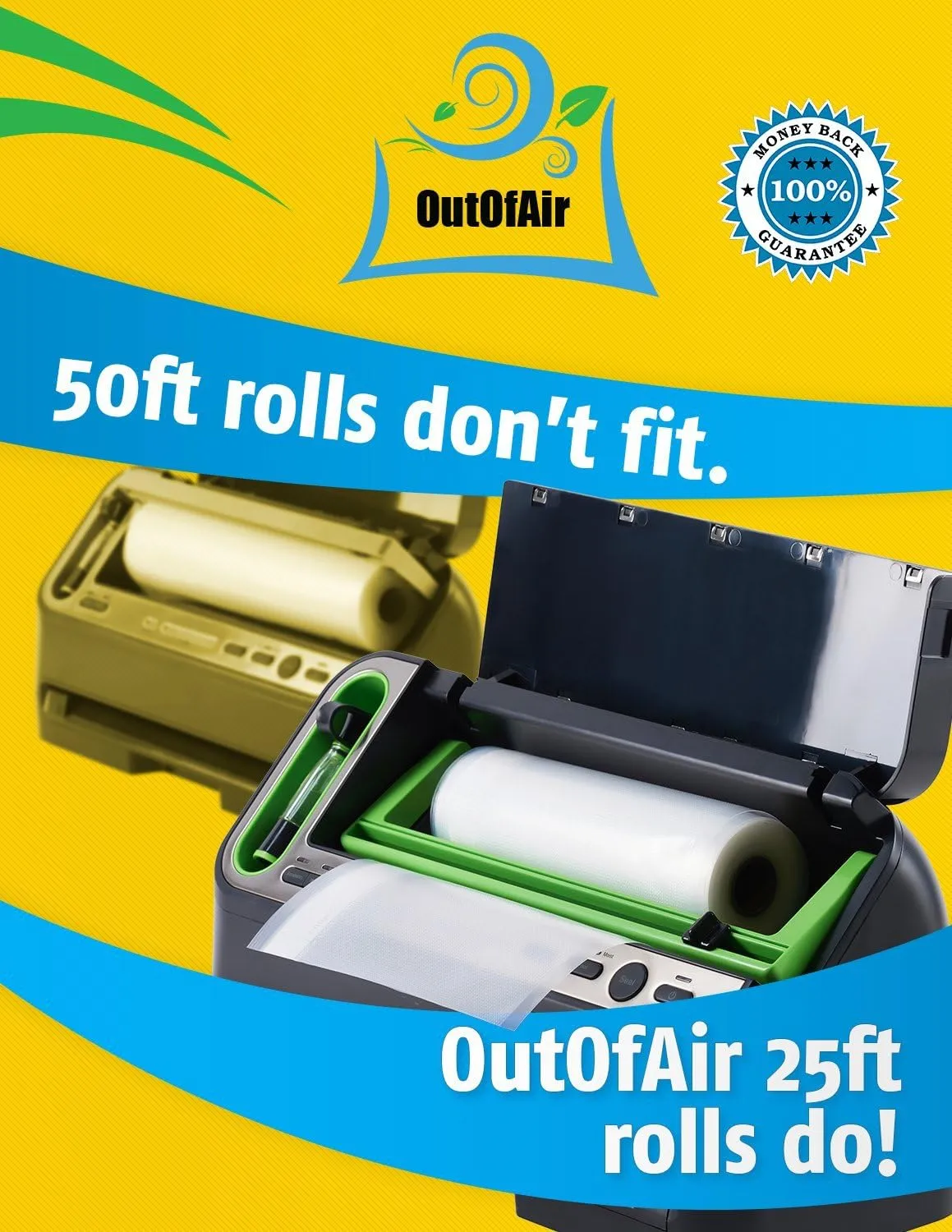 8" x 25' Rolls (Fits Inside Machine) - BULK 8 Pack (200 ft total) OutOfAir Vacuum Sealer Rolls Works With FoodSaver & Other Machines, 33% Thicker BPA Free Sous Vide Commercial Grade Bags