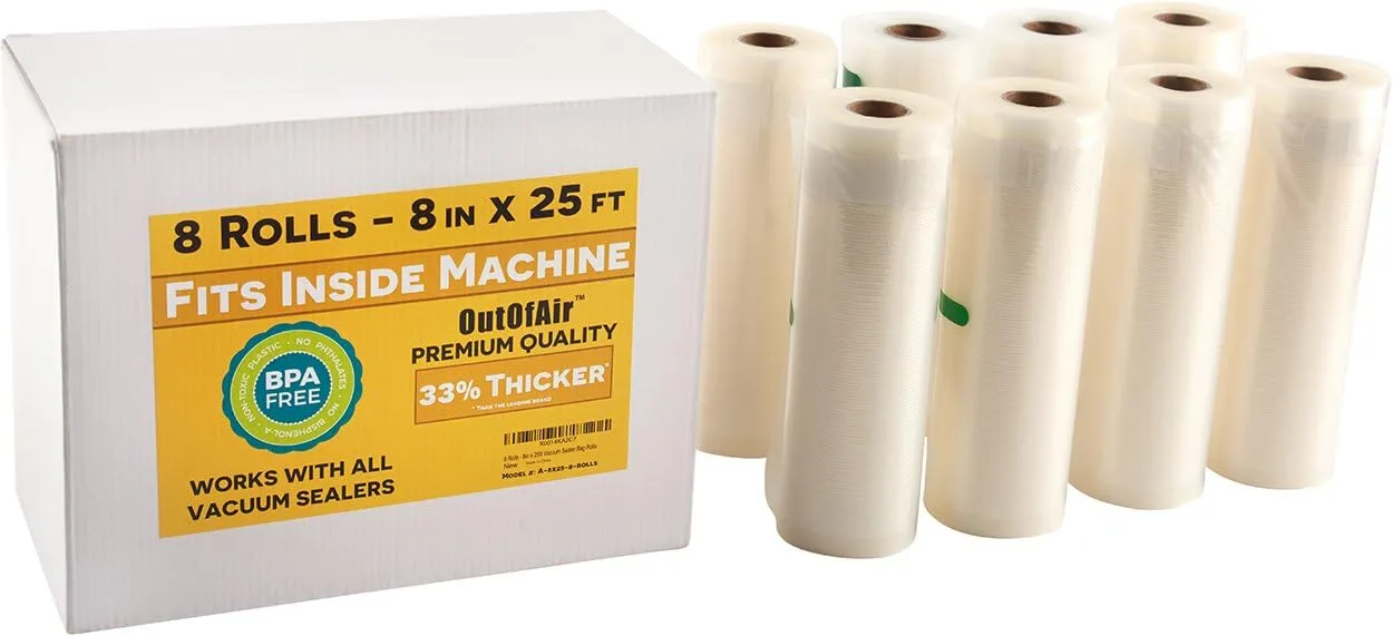 8" x 25' Rolls (Fits Inside Machine) - BULK 8 Pack (200 ft total) OutOfAir Vacuum Sealer Rolls Works With FoodSaver & Other Machines, 33% Thicker BPA Free Sous Vide Commercial Grade Bags