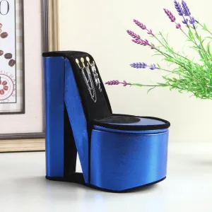 9-Inch Tall Display Jewelry Box with Hooks, High Heel Shoe Design, Velvet Finish, Blue