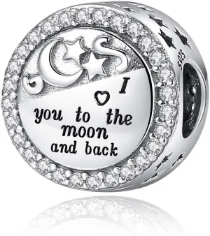 925 Sterling Silver Charms Fit Pandora Charms Bracelet I Love You to The Moon and Back Fit Wife Mom Christmas Birthday Gift