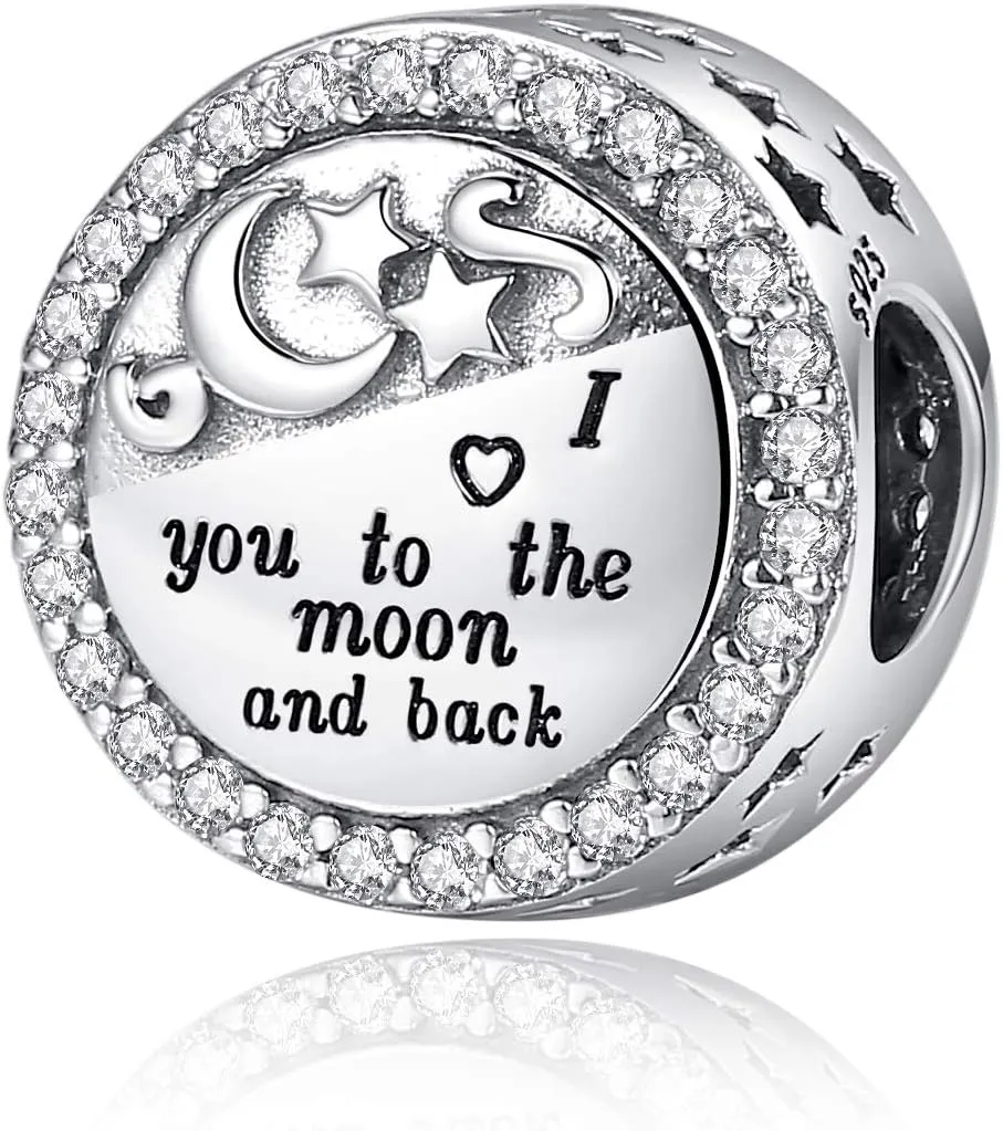 925 Sterling Silver Charms Fit Pandora Charms Bracelet I Love You to The Moon and Back Fit Wife Mom Christmas Birthday Gift