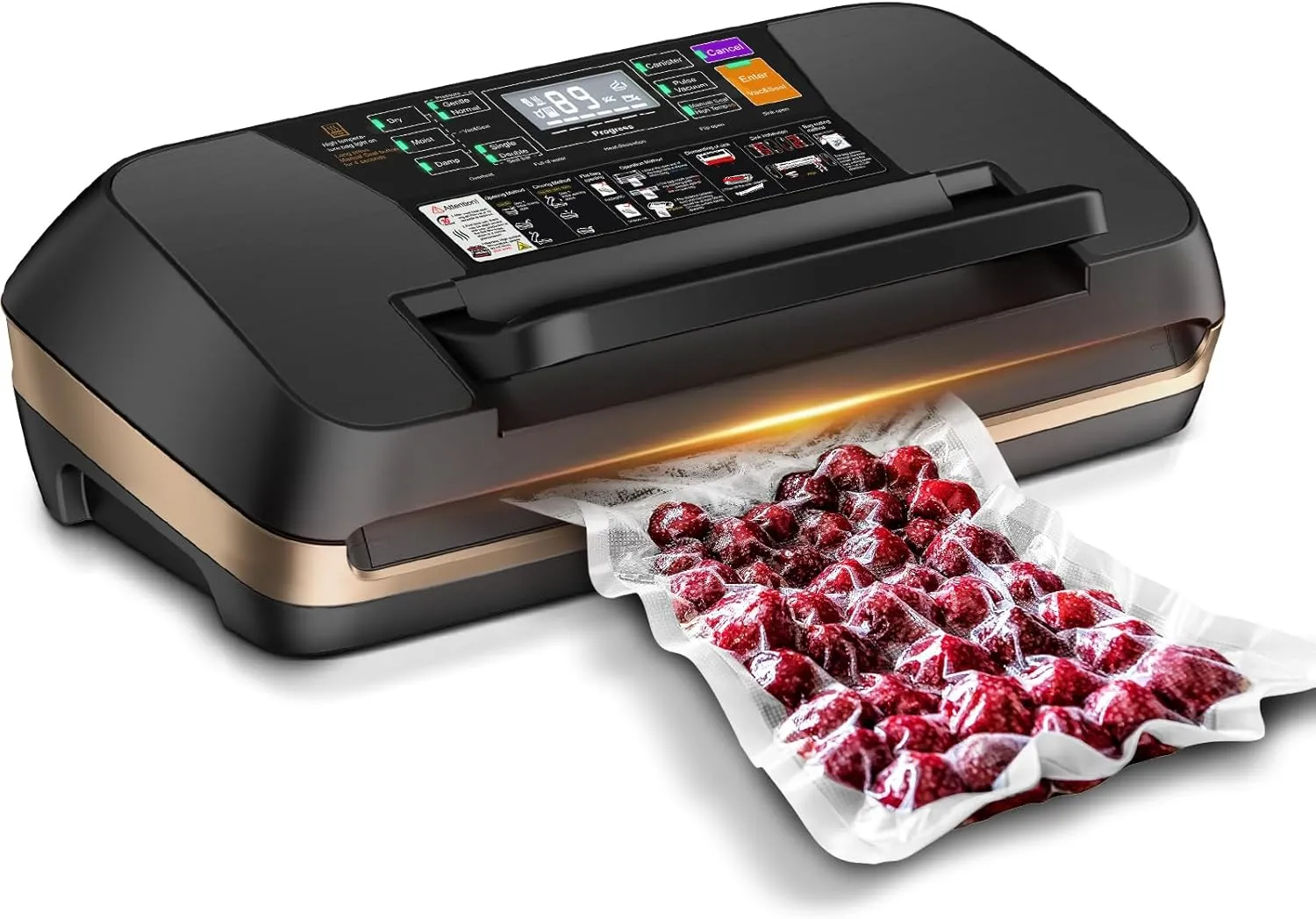 95kpa Vacuum Sealer Machine, Commercial Full Automatic Food Sealer, Food Vacuum Sealing Machine with Cutter, 10 Pre-cut Bags & Bag Rolls and Accessory Hose, Fully Starter Kits,Black Gold