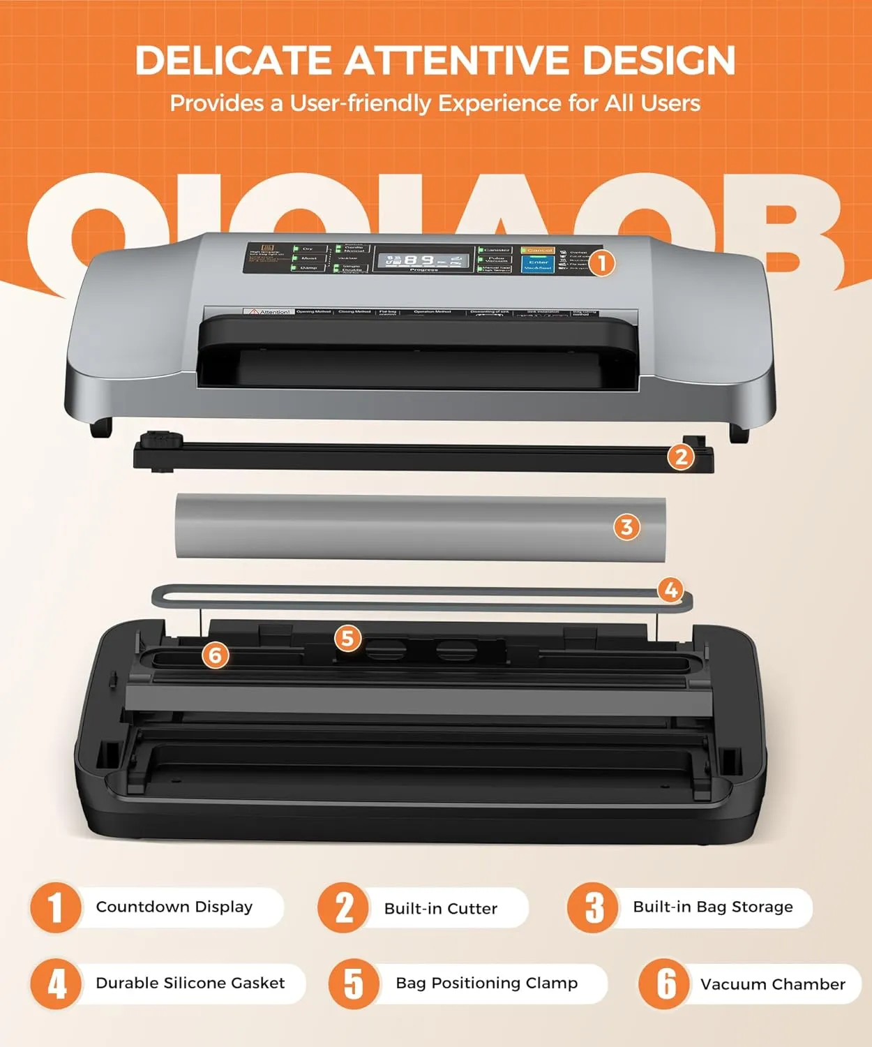 95kpa Vacuum Sealer Machine,Commercial Full Automatic Food Sealer,Powerful Sealing System with Double Heat Seal,Bags Storage, Easy-Lock Handle,Build-in Cutter,1 Bag Rolls and 10 pcs Pre-cut Bags(Grey)