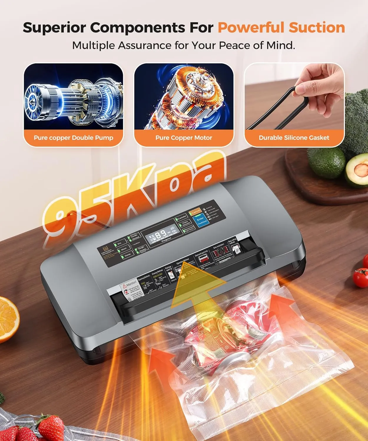 95kpa Vacuum Sealer Machine,Commercial Full Automatic Food Sealer,Powerful Sealing System with Double Heat Seal,Bags Storage, Easy-Lock Handle,Build-in Cutter,1 Bag Rolls and 10 pcs Pre-cut Bags(Grey)