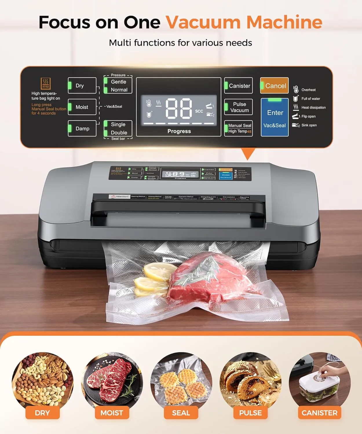95kpa Vacuum Sealer Machine,Commercial Full Automatic Food Sealer,Powerful Sealing System with Double Heat Seal,Bags Storage, Easy-Lock Handle,Build-in Cutter,1 Bag Rolls and 10 pcs Pre-cut Bags(Grey)