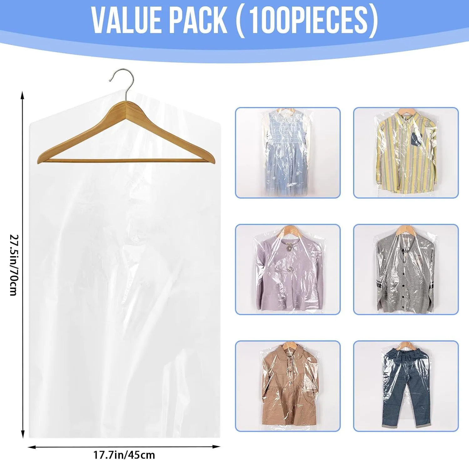 97 Pack Dry Cleaner Bags, (45x70cm) Clear Dry Cleaning Bags, Clear Dry Cleaner Bags for Hanging Clothes, Dust-proof Dry Cleaning Garment Bags for Short or Children's Clothes