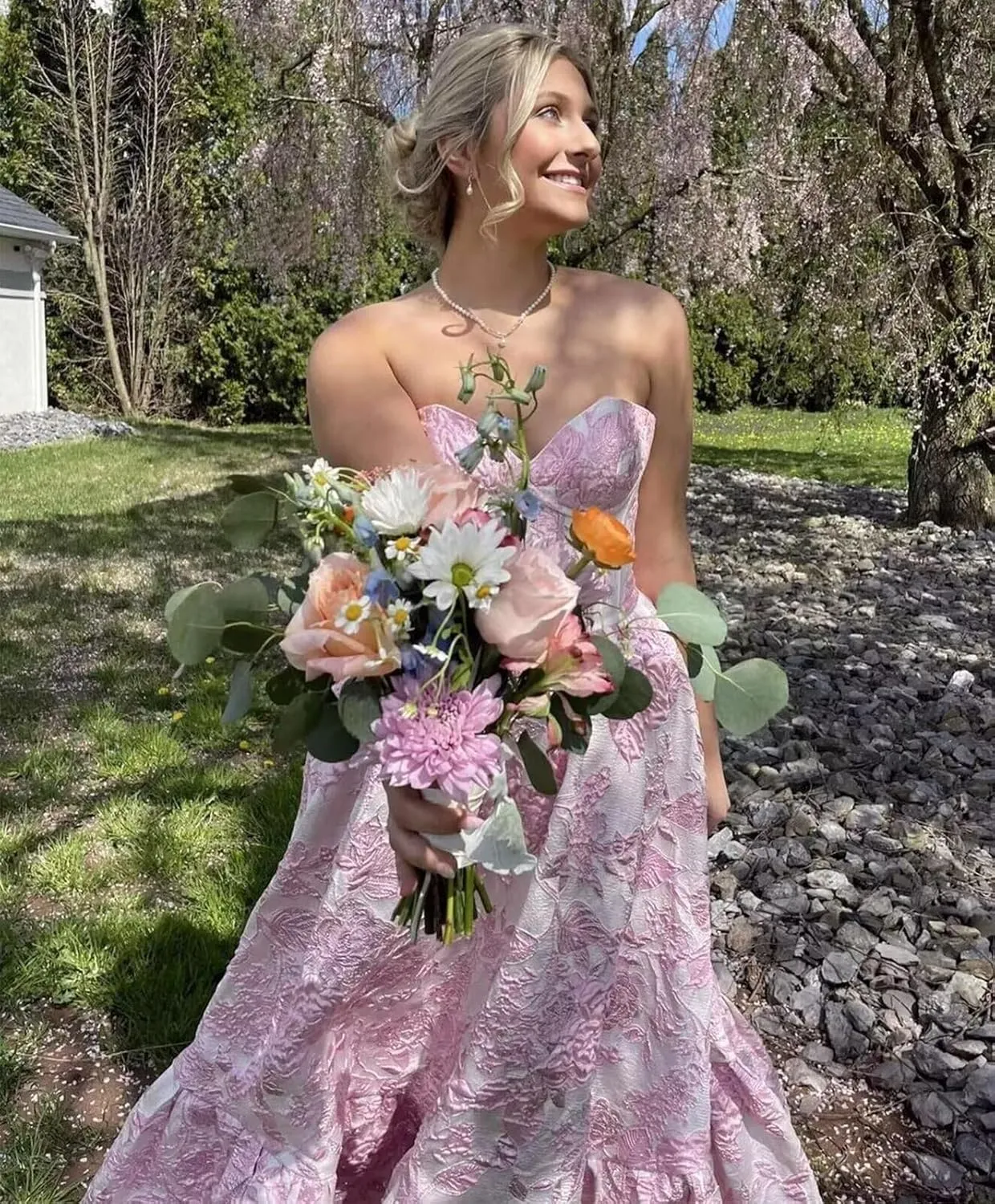A-line Jacquard Satin Formal Evening Gowns for Women, Sweetheart Prom Dress Strapless Long Party Dress