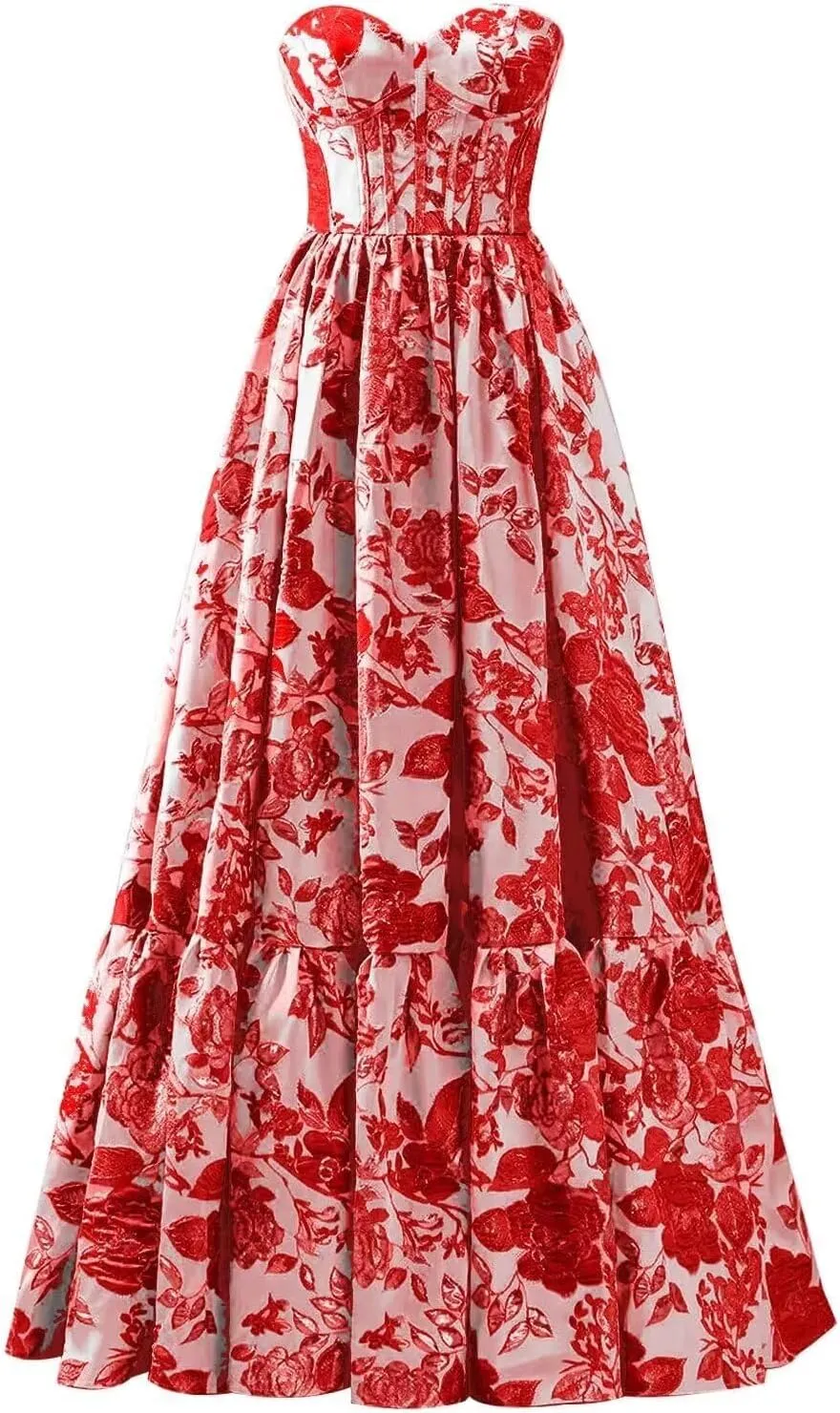A-line Jacquard Satin Formal Evening Gowns for Women, Sweetheart Prom Dress Strapless Long Party Dress