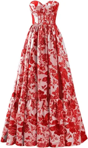 A-line Jacquard Satin Formal Evening Gowns for Women, Sweetheart Prom Dress Strapless Long Party Dress
