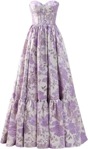 A-line Jacquard Satin Formal Evening Gowns for Women, Sweetheart Prom Dress Strapless Long Party Dress