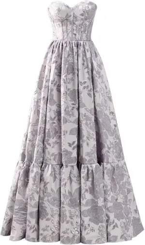 A-line Jacquard Satin Formal Evening Gowns for Women, Sweetheart Prom Dress Strapless Long Party Dress