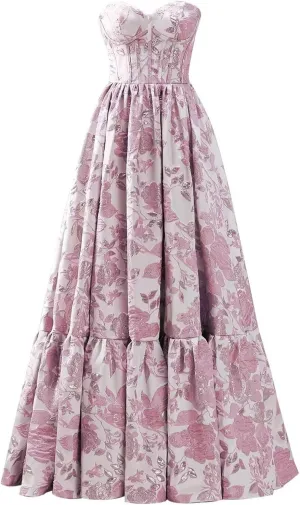 A-line Jacquard Satin Formal Evening Gowns for Women, Sweetheart Prom Dress Strapless Long Party Dress