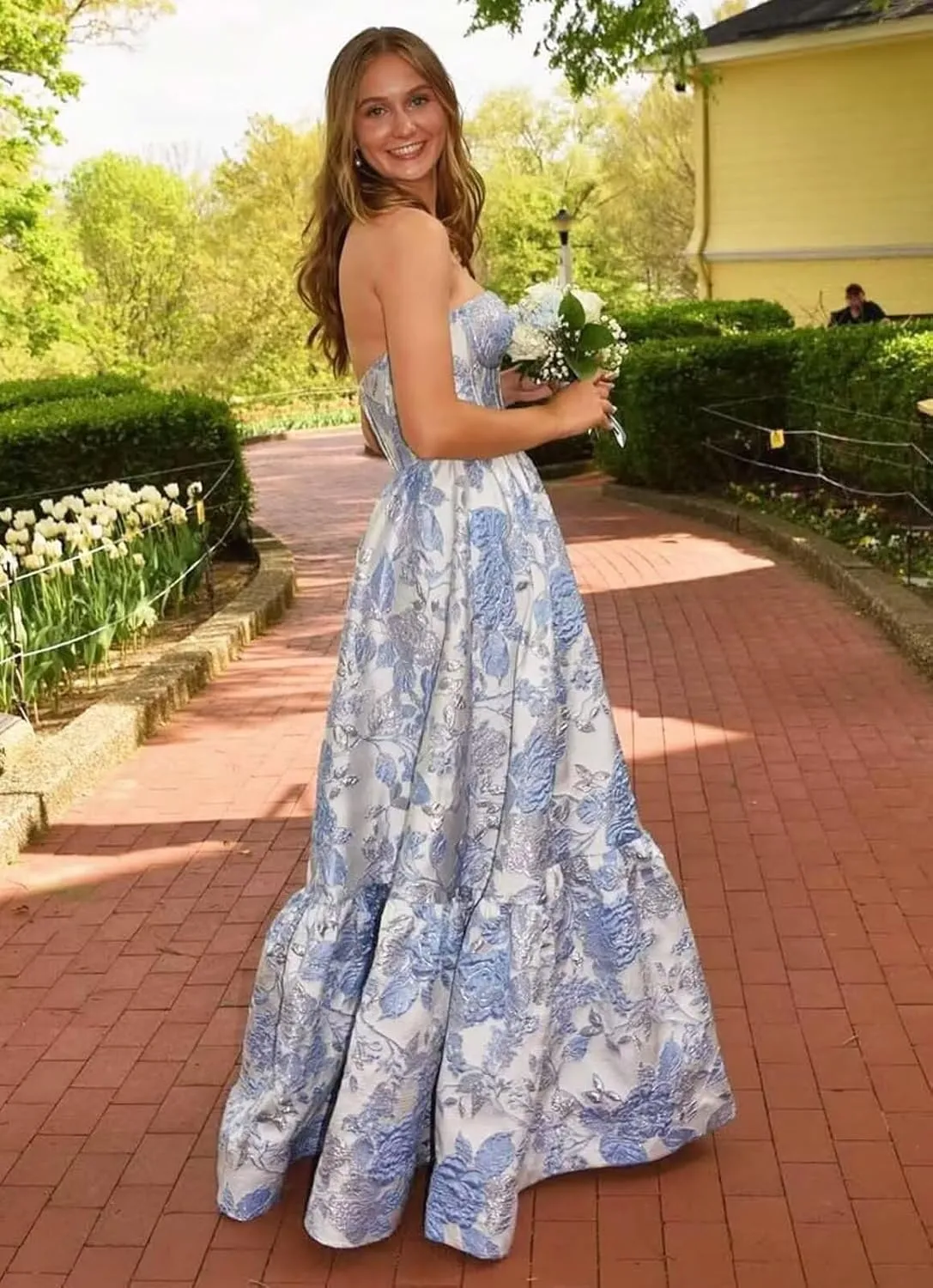 A-line Jacquard Satin Formal Evening Gowns for Women, Sweetheart Prom Dress Strapless Long Party Dress