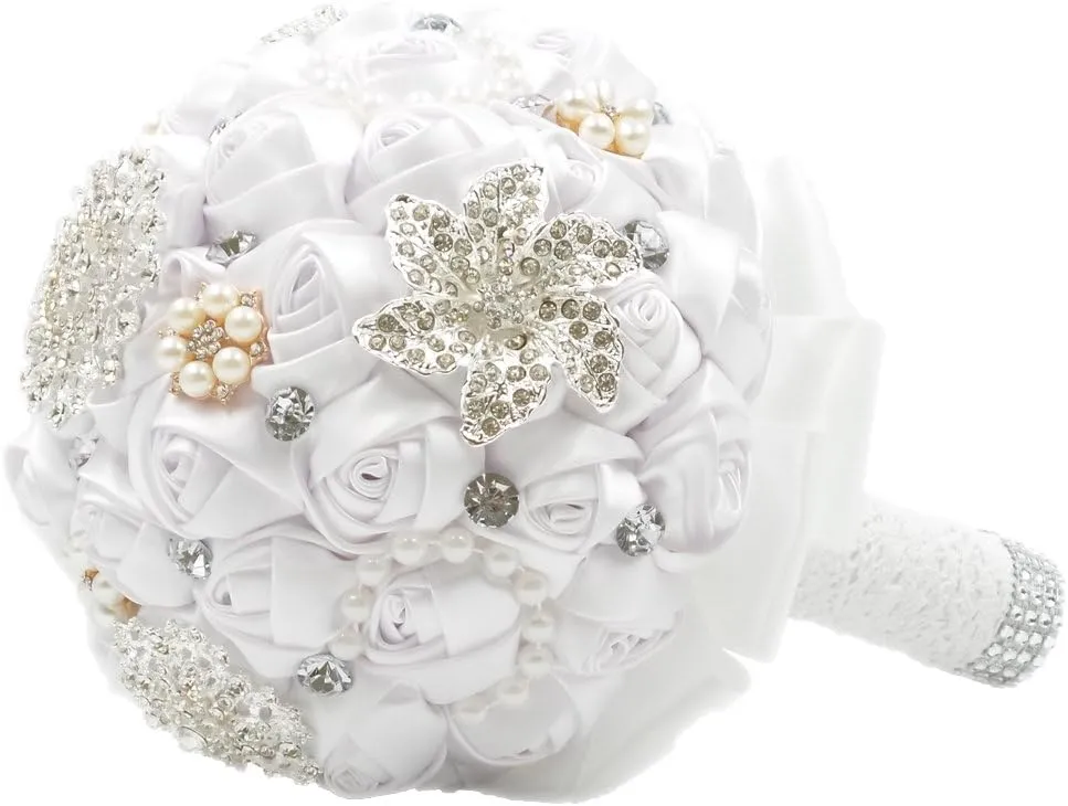 Abbie Home 8 Inches Customization Romantic Bride Wedding Bouquet White & Ivory Satin Roses with Pearls Rhinestone Decorative Brooches Accessories (Pure White)