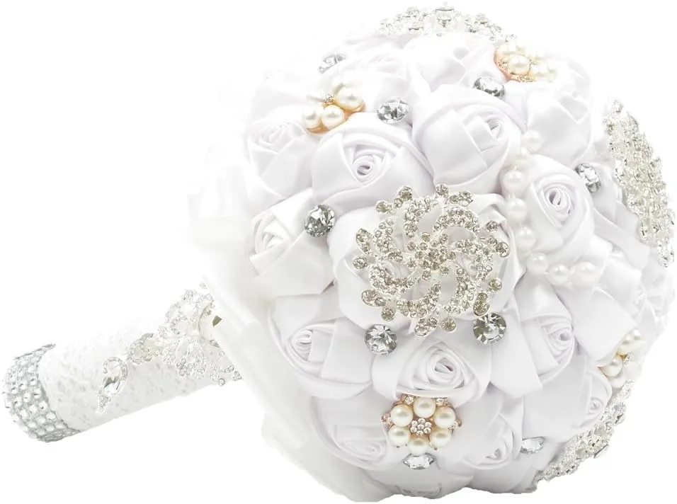 Abbie Home 8 Inches Customization Romantic Bride Wedding Bouquet White & Ivory Satin Roses with Pearls Rhinestone Decorative Brooches Accessories (Pure White)