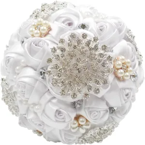 Abbie Home 8 Inches Customization Romantic Bride Wedding Bouquet White & Ivory Satin Roses with Pearls Rhinestone Decorative Brooches Accessories (Pure White)