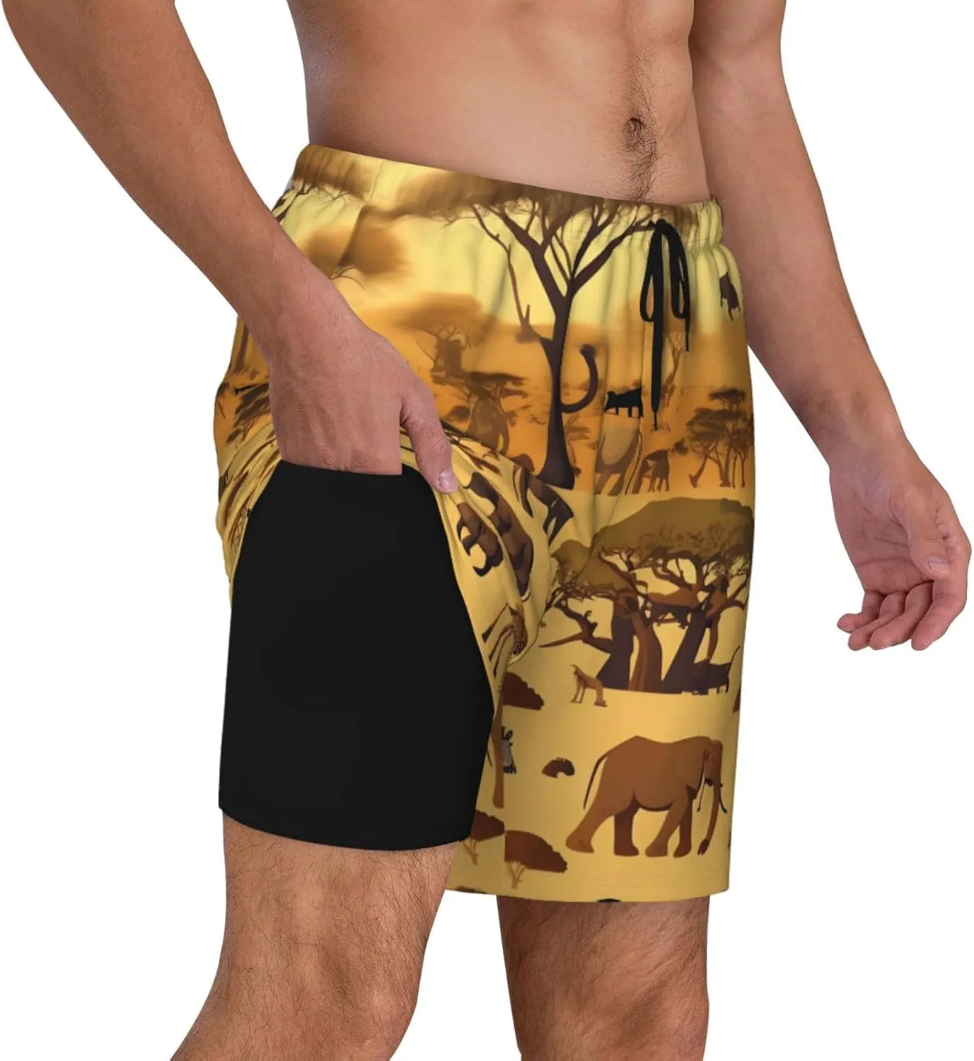 African Grassland Animals Print Men's Swim Shorts Casual Beach Board Shorts - Quick Dry Running & Workout Trunks