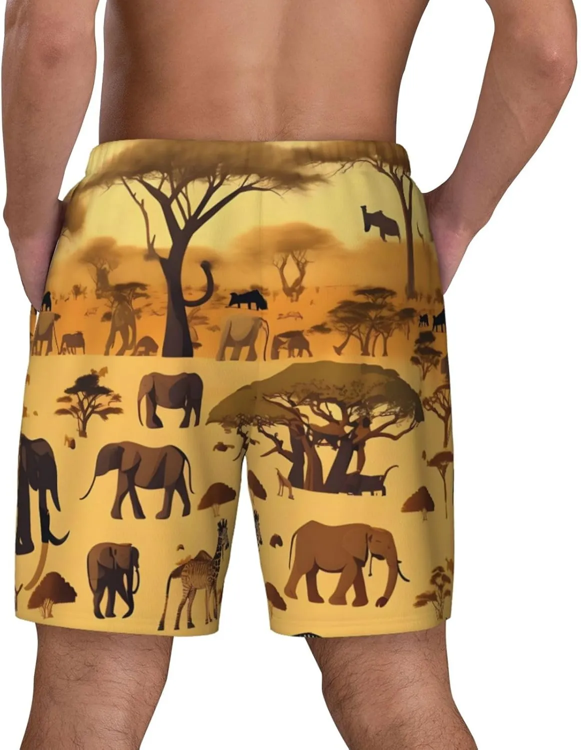 African Grassland Animals Print Men's Swim Shorts Casual Beach Board Shorts - Quick Dry Running & Workout Trunks