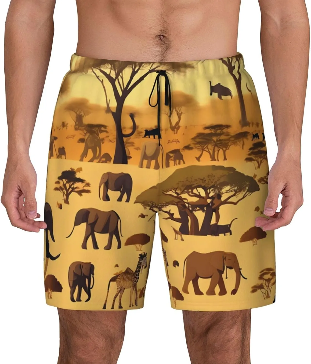 African Grassland Animals Print Men's Swim Shorts Casual Beach Board Shorts - Quick Dry Running & Workout Trunks