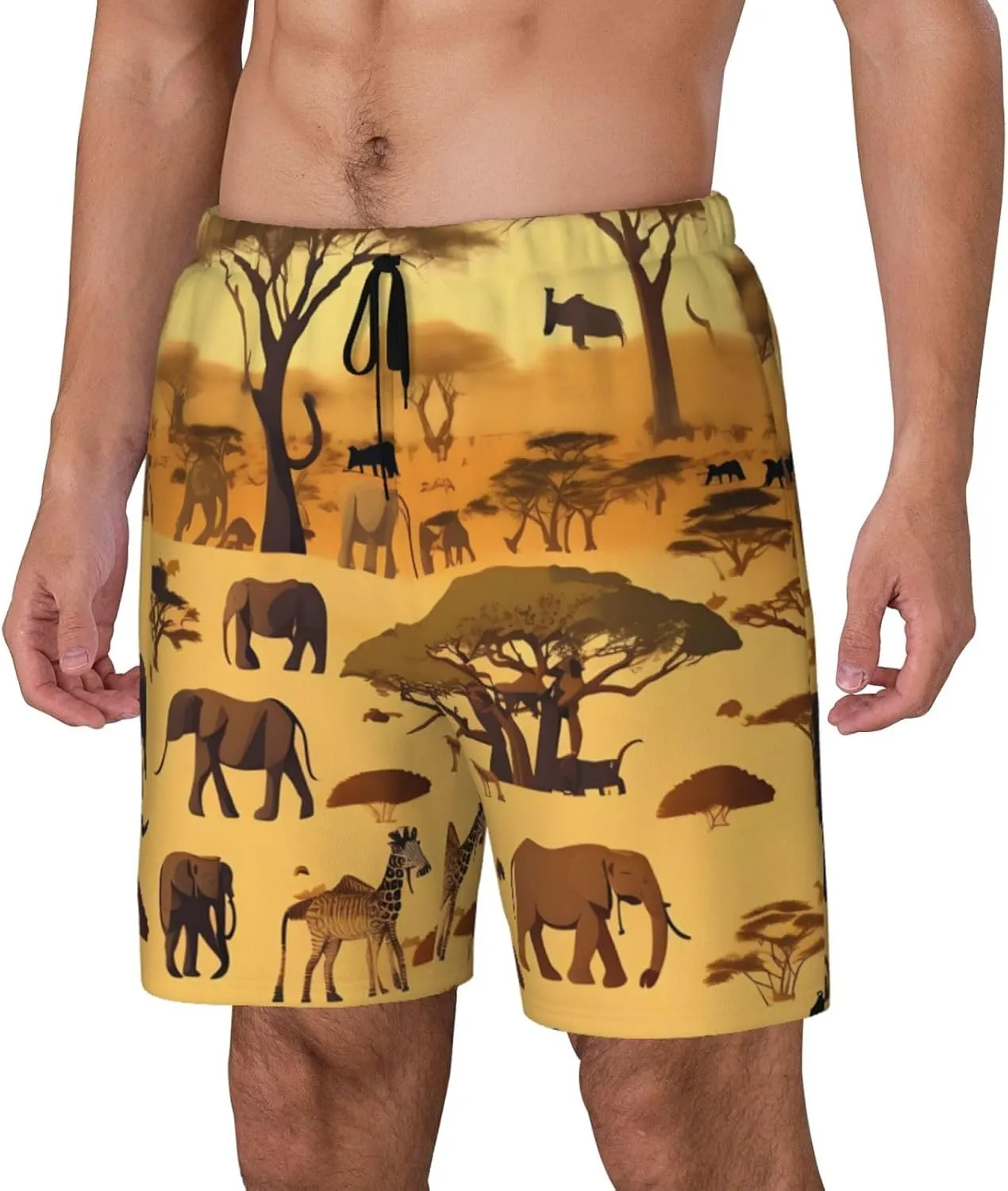 African Grassland Animals Print Men's Swim Shorts Casual Beach Board Shorts - Quick Dry Running & Workout Trunks