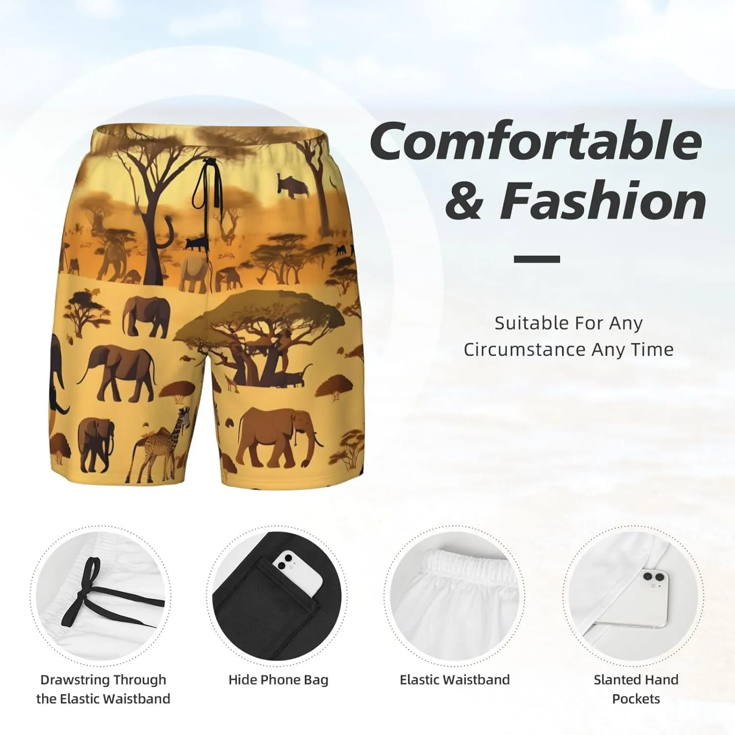 African Grassland Animals Print Men's Swim Shorts Casual Beach Board Shorts - Quick Dry Running & Workout Trunks