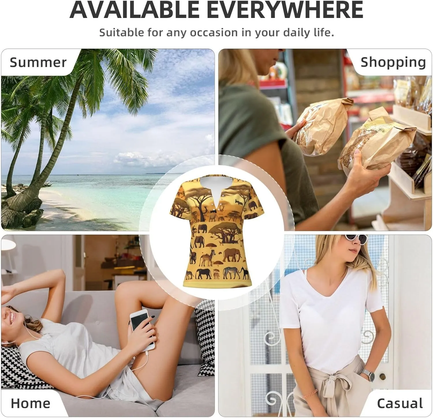 African Grassland Animals Printed Women's deep V-Neck Short-Sleeved T-Shirt, Suitable for Home wear, Running and Travel