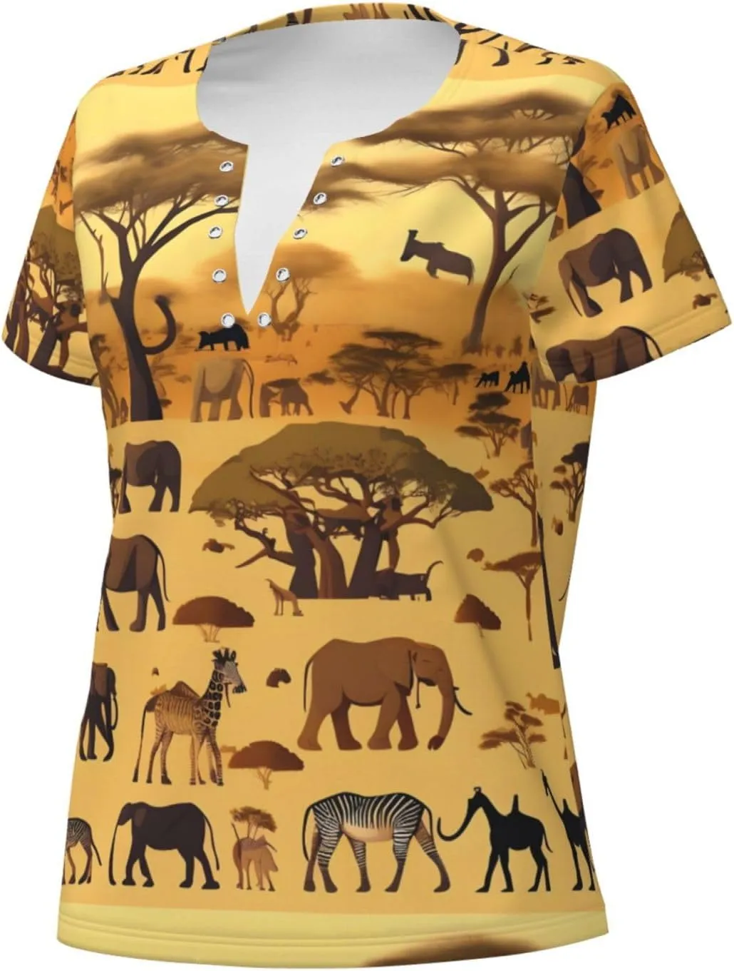 African Grassland Animals Printed Women's deep V-Neck Short-Sleeved T-Shirt, Suitable for Home wear, Running and Travel