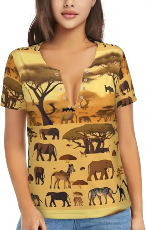 African Grassland Animals Printed Women's deep V-Neck Short-Sleeved T-Shirt, Suitable for Home wear, Running and Travel