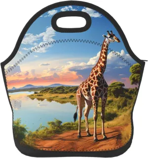 African Landscape with Nile River and Giraffe Lunch Bag for Women Men Reusable Lunch Tote Bags Insulated Lunch Box Large Capacity Lunchbox Cooler Lunch Container for Work Office Picnic Travel
