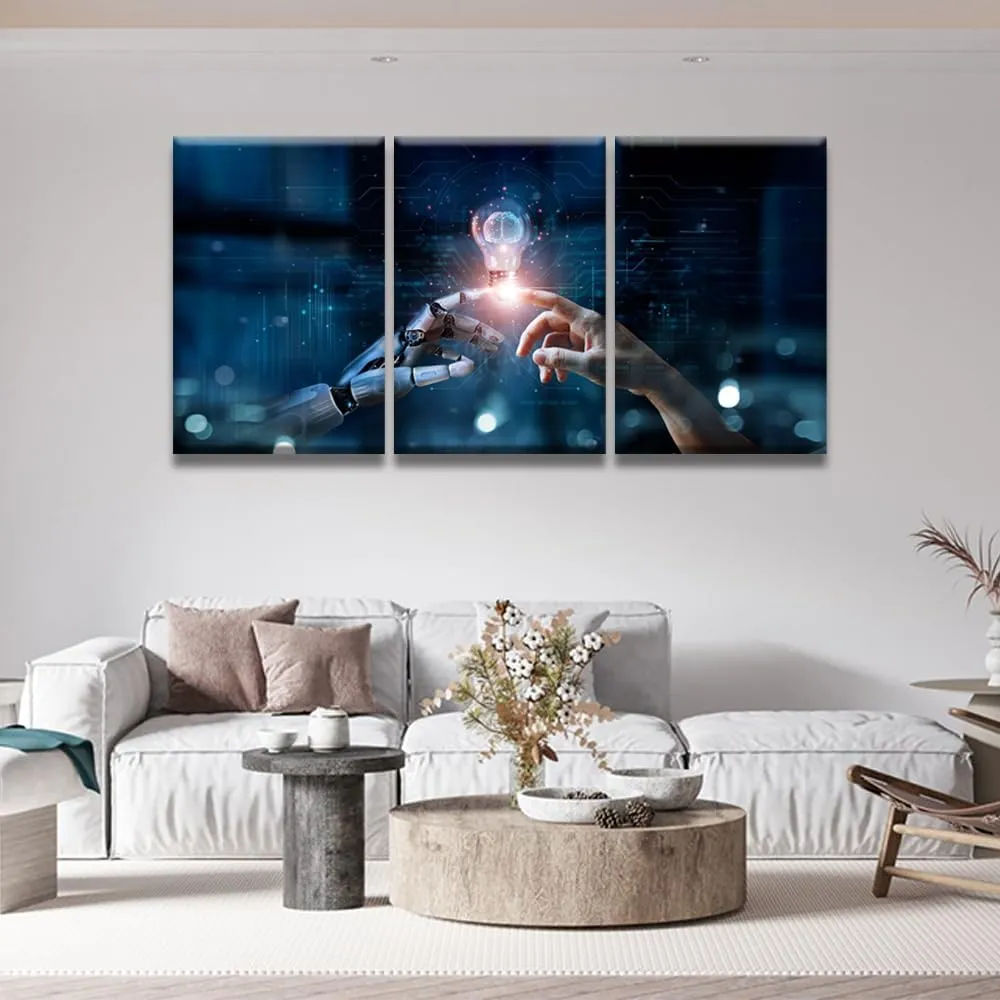 AI Robotics Canvas Wall Art Robot and Human Touch Painting for Wall Decor AI Technology Innovation Picture for Company Office Canvas Print Wall Art Framed 48x24 inch