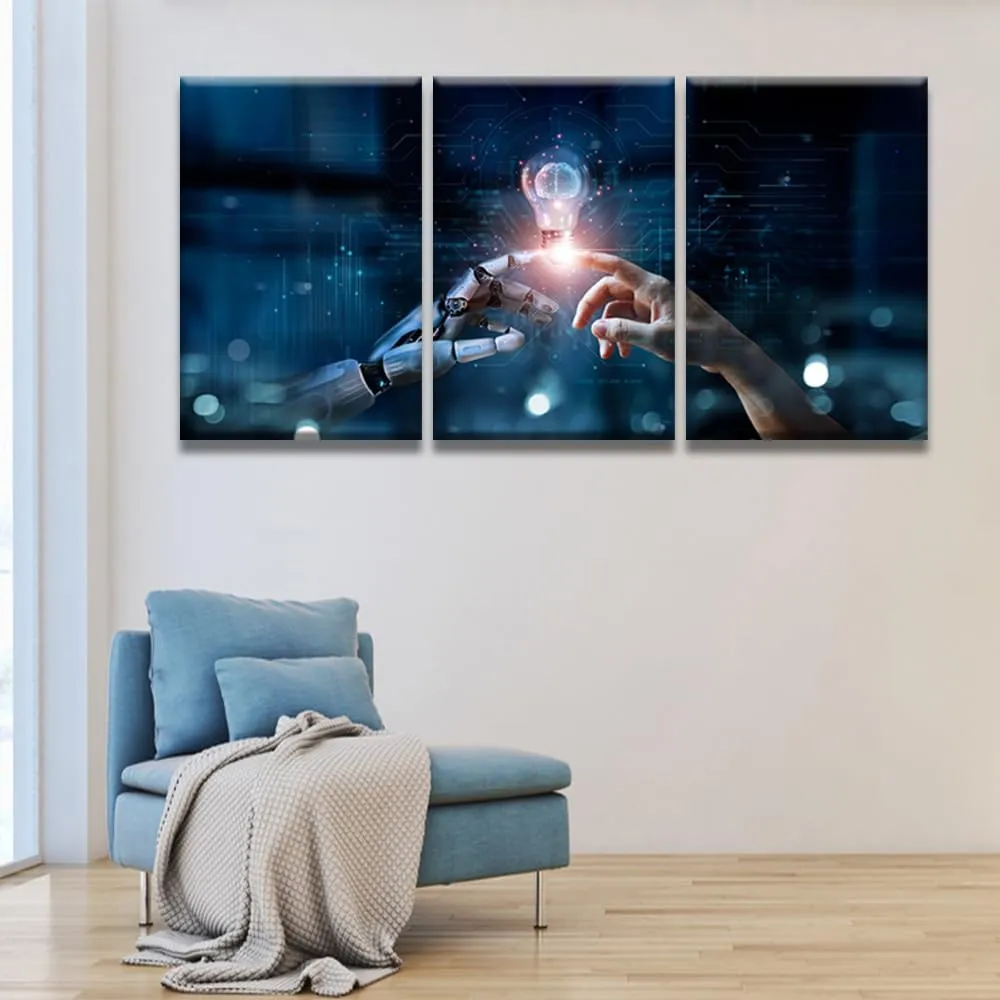AI Robotics Canvas Wall Art Robot and Human Touch Painting for Wall Decor AI Technology Innovation Picture for Company Office Canvas Print Wall Art Framed 48x24 inch