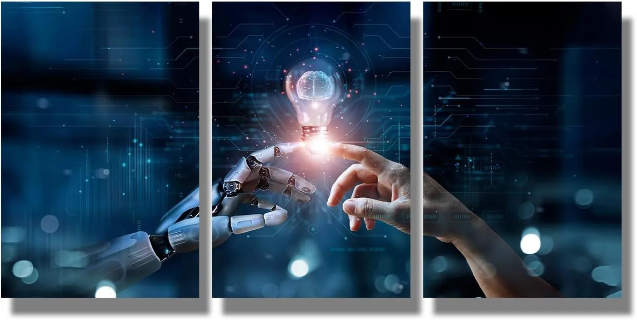 AI Robotics Canvas Wall Art Robot and Human Touch Painting for Wall Decor AI Technology Innovation Picture for Company Office Canvas Print Wall Art Framed 48x24 inch