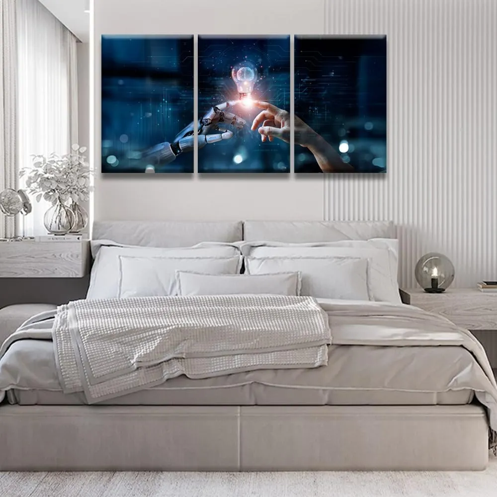 AI Robotics Canvas Wall Art Robot and Human Touch Painting for Wall Decor AI Technology Innovation Picture for Company Office Canvas Print Wall Art Framed 48x24 inch