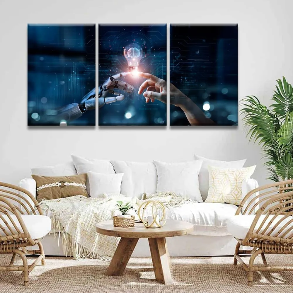 AI Robotics Canvas Wall Art Robot and Human Touch Painting for Wall Decor AI Technology Innovation Picture for Company Office Canvas Print Wall Art Framed 48x24 inch