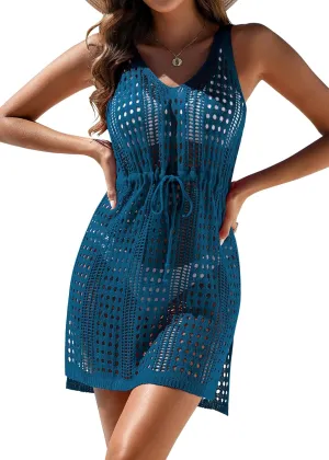 AI'MAGE Womens Crochet Cover Up Sleeveless Swimsuit Coverup Hollow Out Beach Dress with Drawstring