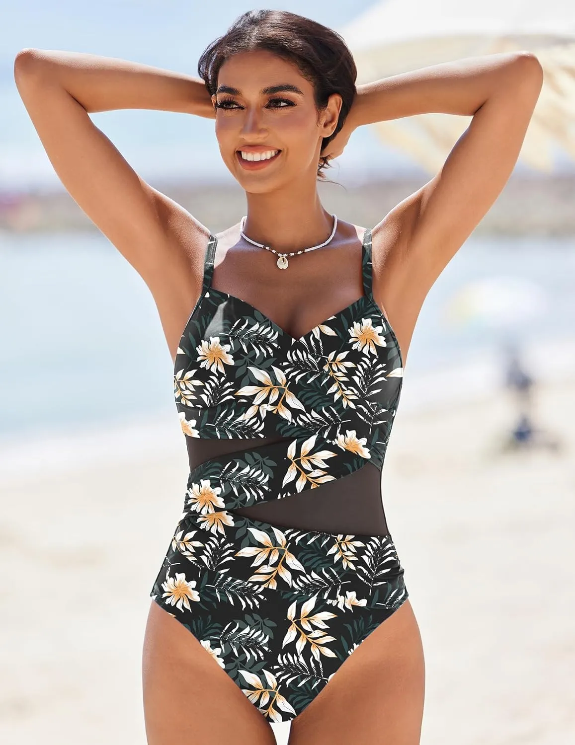 AI'MAGE Women's One Piece Swimsuit 2025 V Neck Ruched Mesh Bathing Suit Tummy Control Slimming Swimwear S-XXL