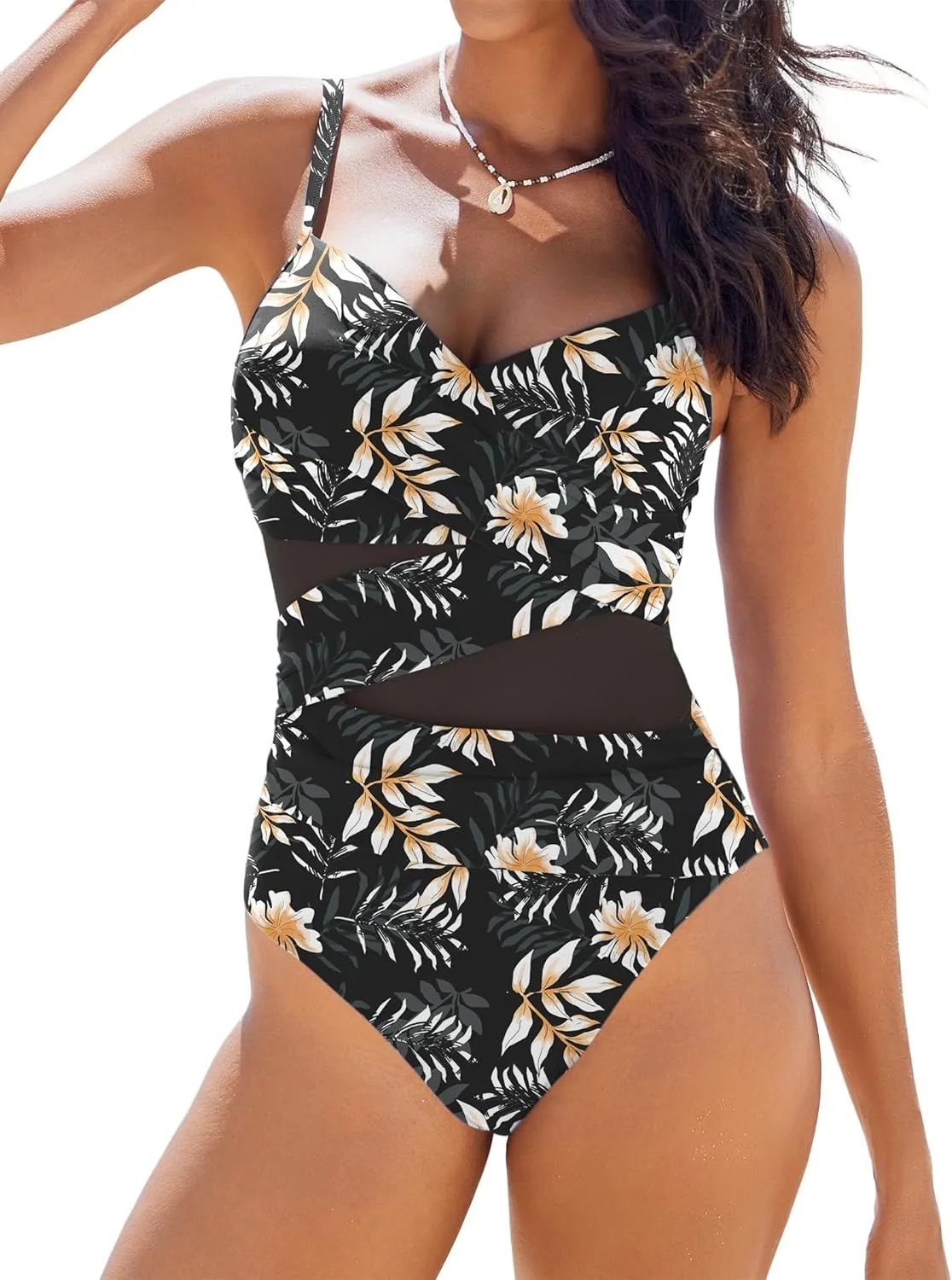 AI'MAGE Women's One Piece Swimsuit 2025 V Neck Ruched Mesh Bathing Suit Tummy Control Slimming Swimwear S-XXL