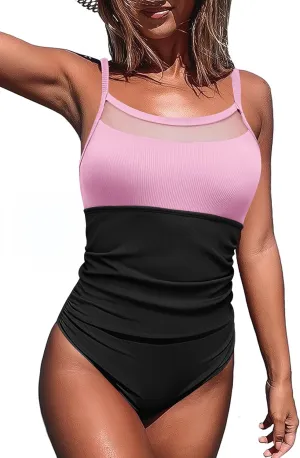AI'MAGE Women's Ribbed One Piece Swimsuit Tummy Control Ruched Bathing Suit Sexy Mesh Swim Suits Crisscross Back Tie Swimwear