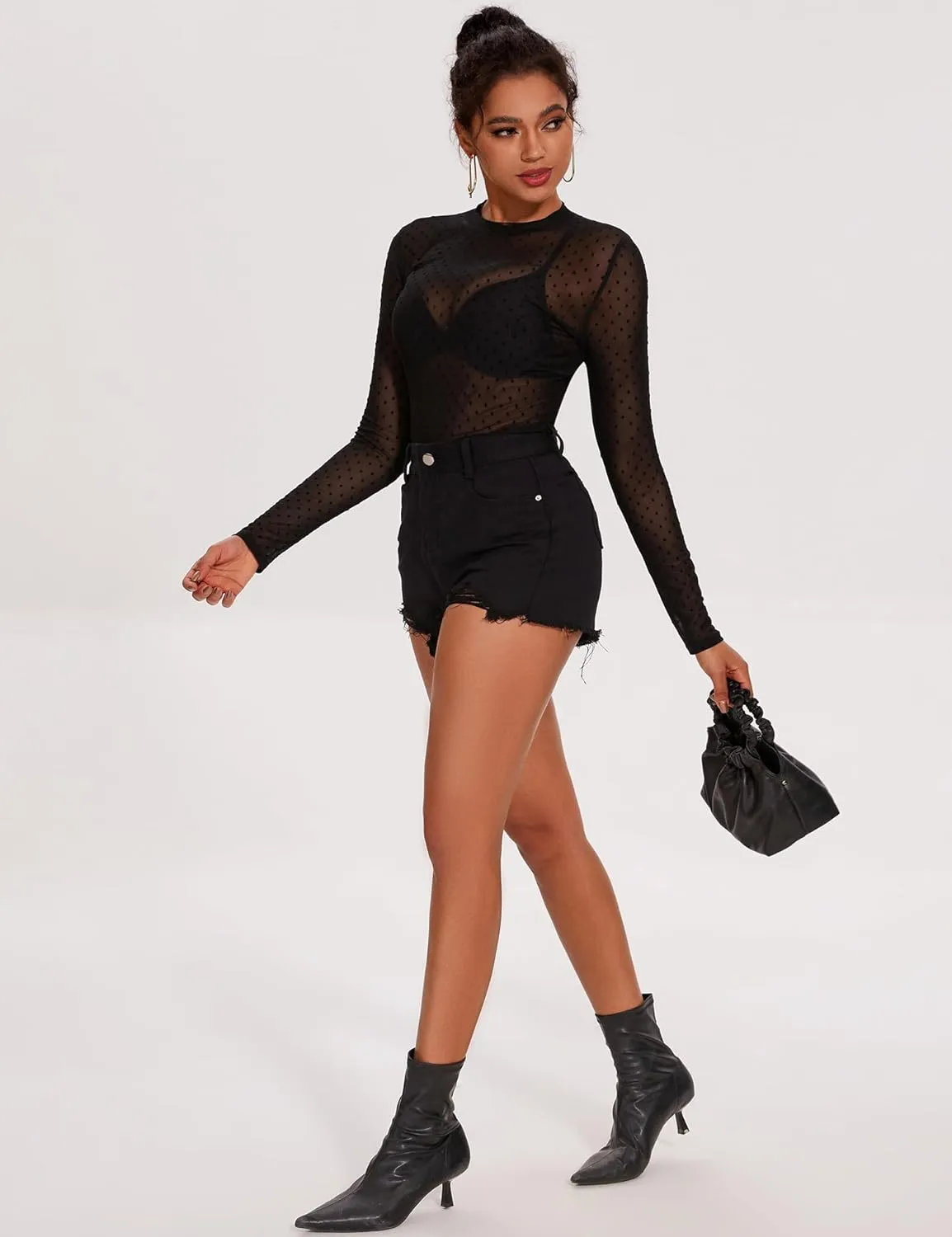 AKEWEI Womens Mesh Long Sleeve Tops Crew Neck Sexy See Through Tee Shirts Party Club Night Lace Blouse