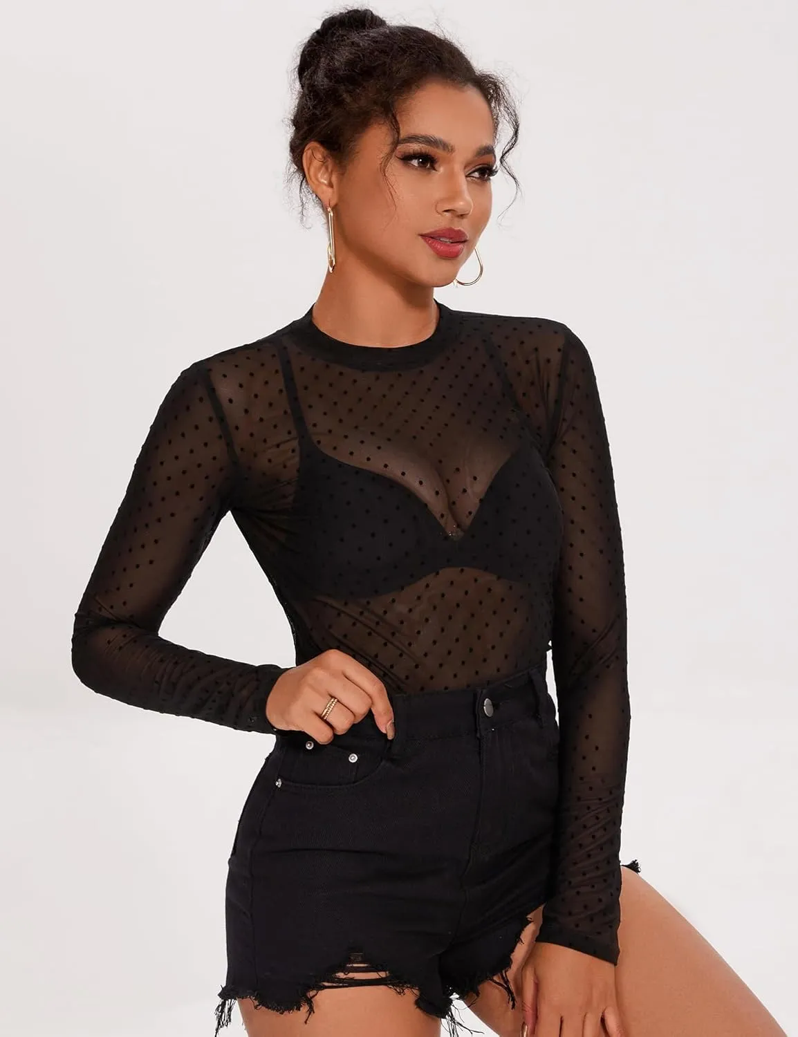 AKEWEI Womens Mesh Long Sleeve Tops Crew Neck Sexy See Through Tee Shirts Party Club Night Lace Blouse
