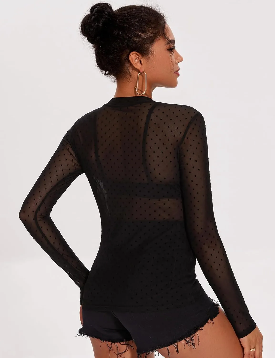 AKEWEI Womens Mesh Long Sleeve Tops Crew Neck Sexy See Through Tee Shirts Party Club Night Lace Blouse