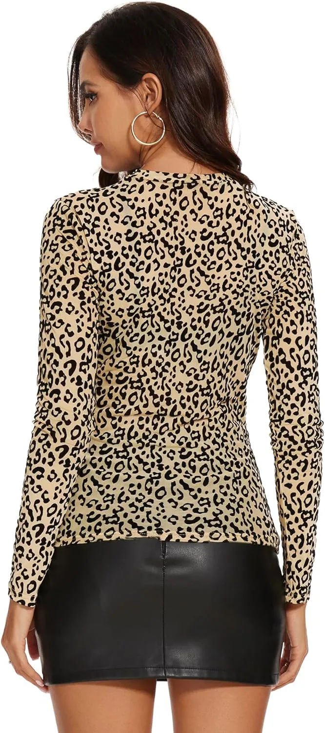 AKEWEI Womens Mesh Long Sleeve Tops Crew Neck Sexy See Through Tee Shirts Party Club Night Lace Blouse