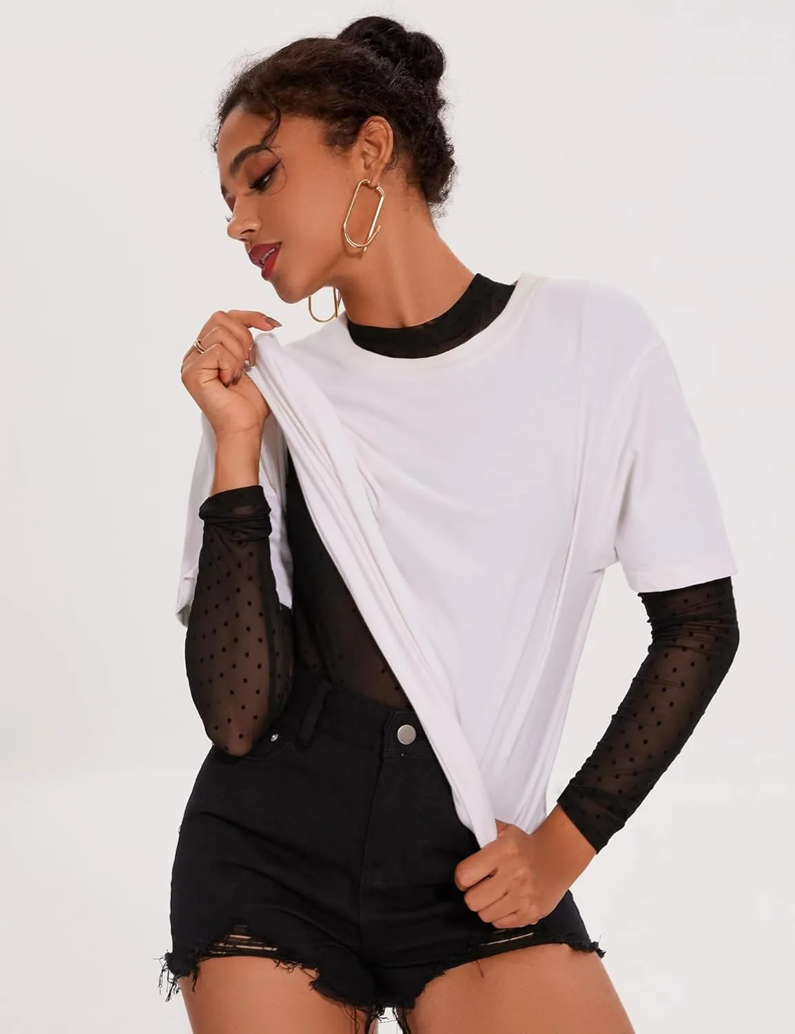 AKEWEI Womens Mesh Long Sleeve Tops Crew Neck Sexy See Through Tee Shirts Party Club Night Lace Blouse