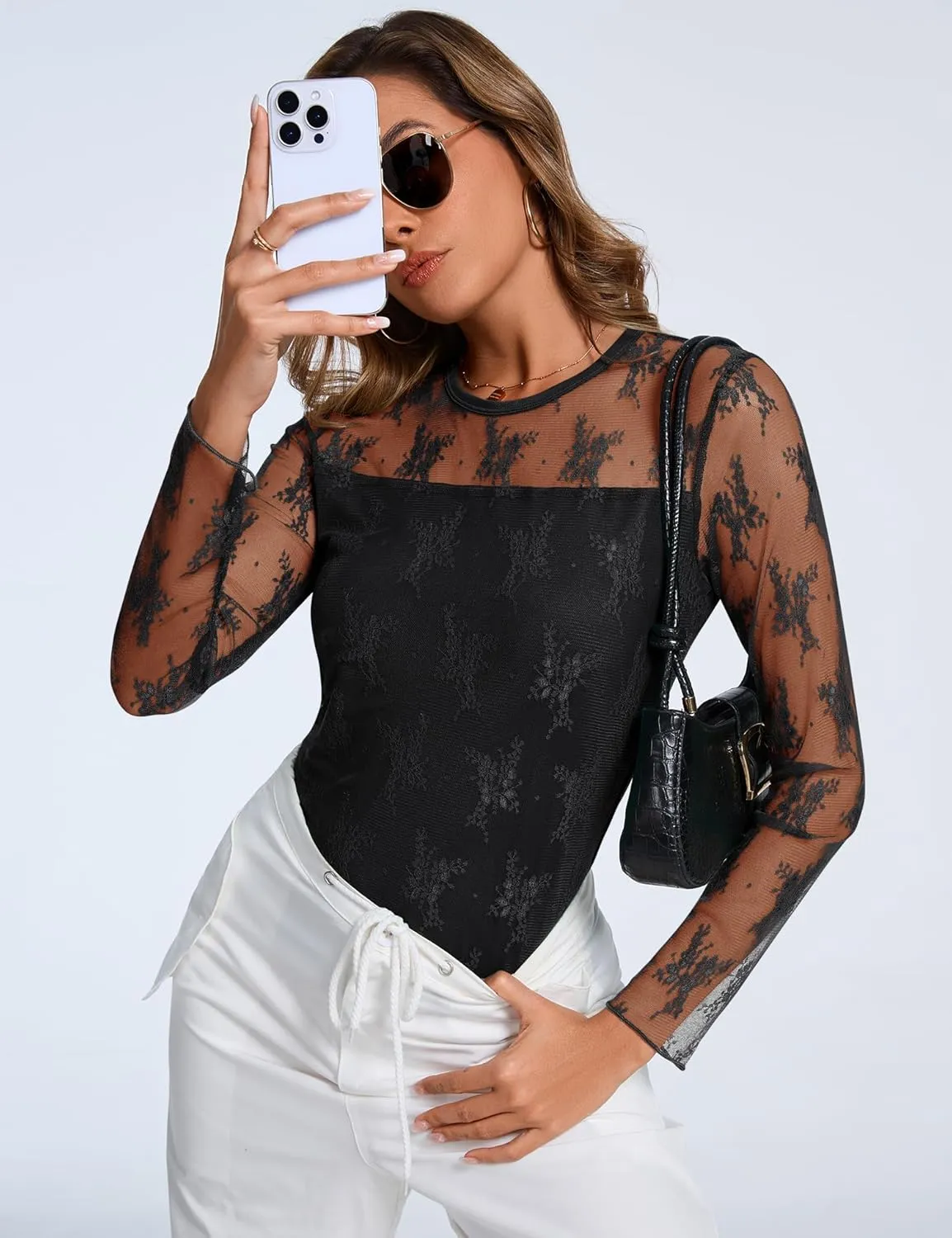 AKEWEI Womens Sexy Sheer Mesh Long Sleeve Tops Crew Neck Double Layered Tee Shirts Going Out Party Club Night Lace Blouse