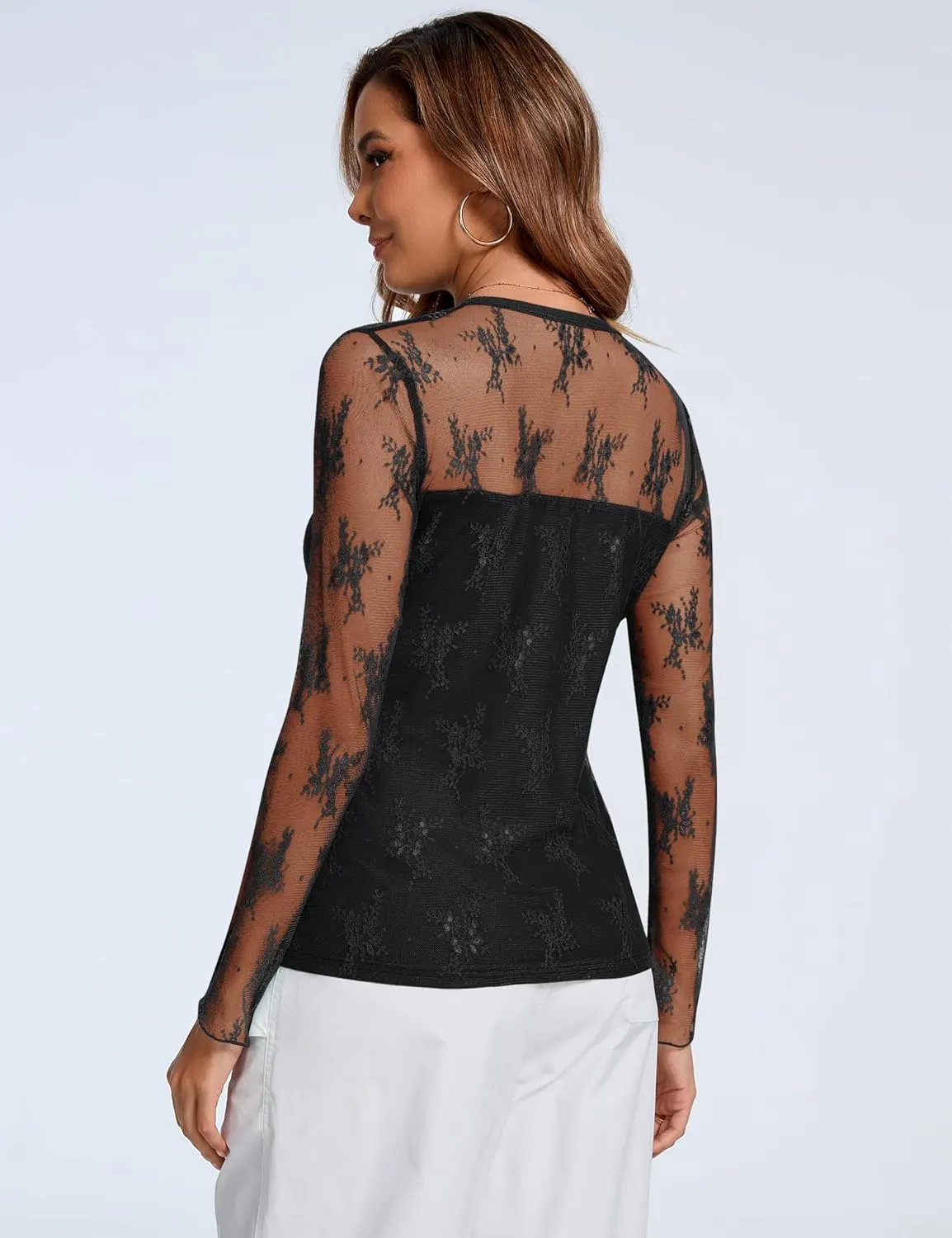 AKEWEI Womens Sexy Sheer Mesh Long Sleeve Tops Crew Neck Double Layered Tee Shirts Going Out Party Club Night Lace Blouse