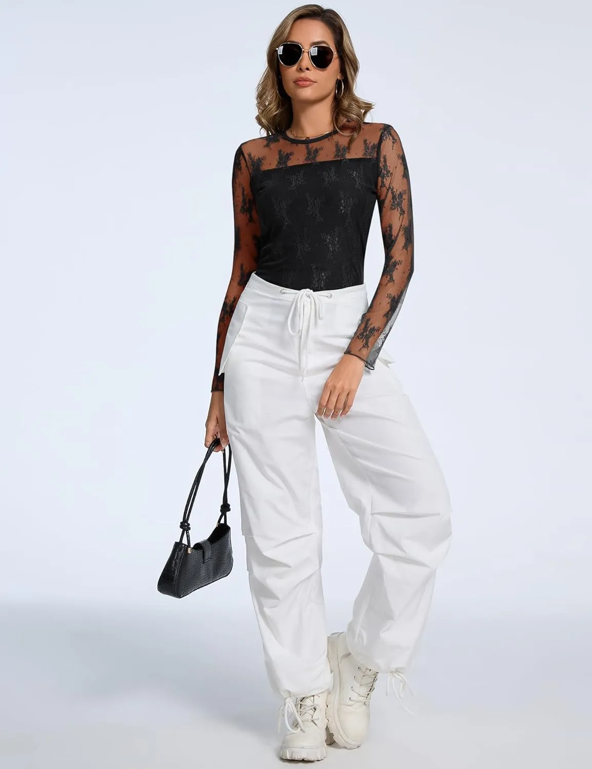 AKEWEI Womens Sexy Sheer Mesh Long Sleeve Tops Crew Neck Double Layered Tee Shirts Going Out Party Club Night Lace Blouse