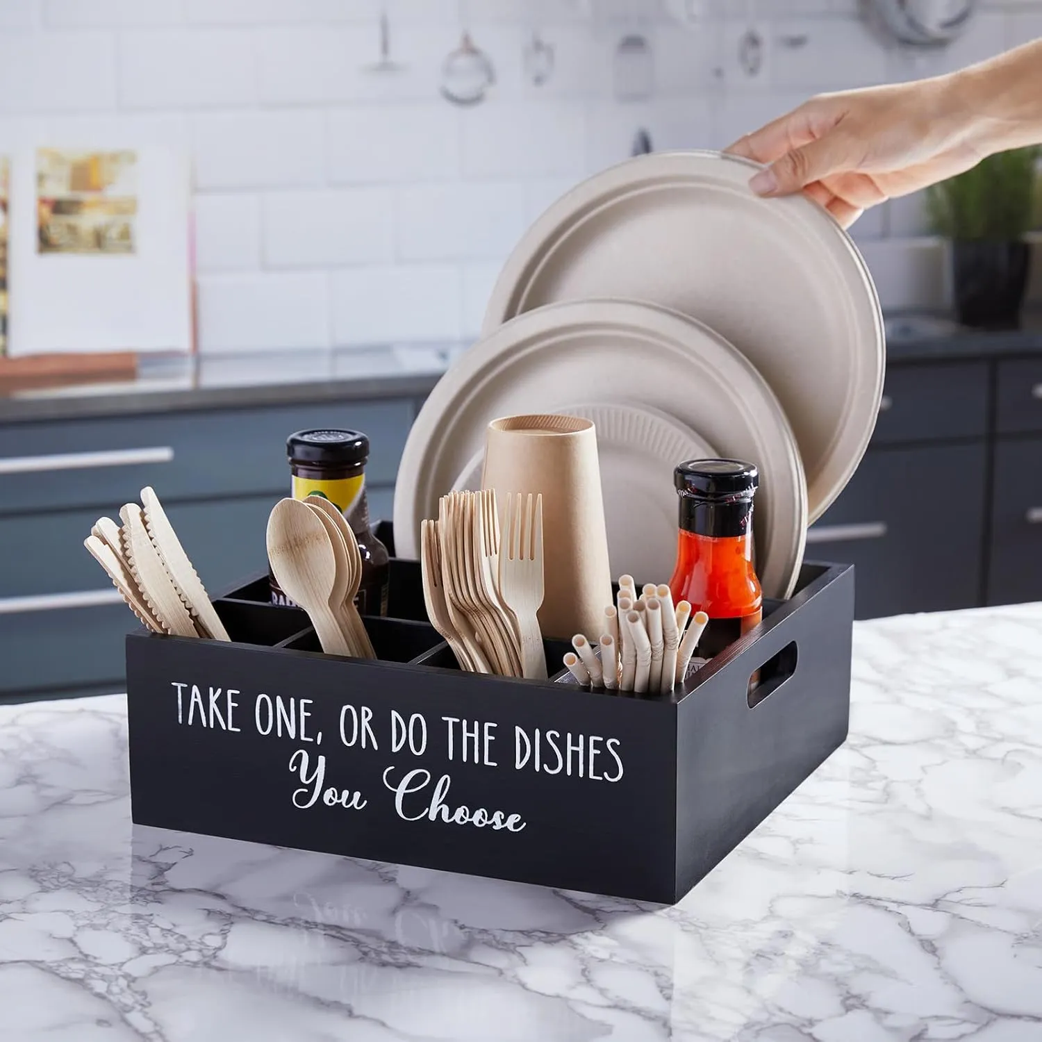 ALELION Paper Plate Dispenser for Countertop - Wooden Utensil Holder Organizer for Party - Silverware Caddy for Plate, Cup, Fork, Spoon - Cutlery Holder with Handles for Kitchen Camping Buffet
