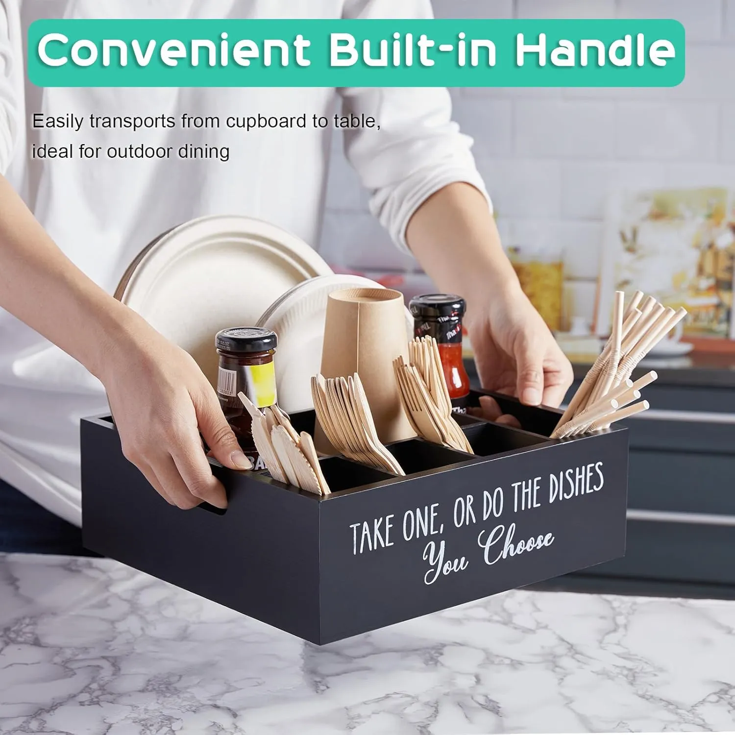 ALELION Paper Plate Dispenser for Countertop - Wooden Utensil Holder Organizer for Party - Silverware Caddy for Plate, Cup, Fork, Spoon - Cutlery Holder with Handles for Kitchen Camping Buffet