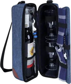 ALLCAMP Wine Tote Bag with Cooler Compartment，Picnic Set Carrying Two Sets of Tableware（Blue）