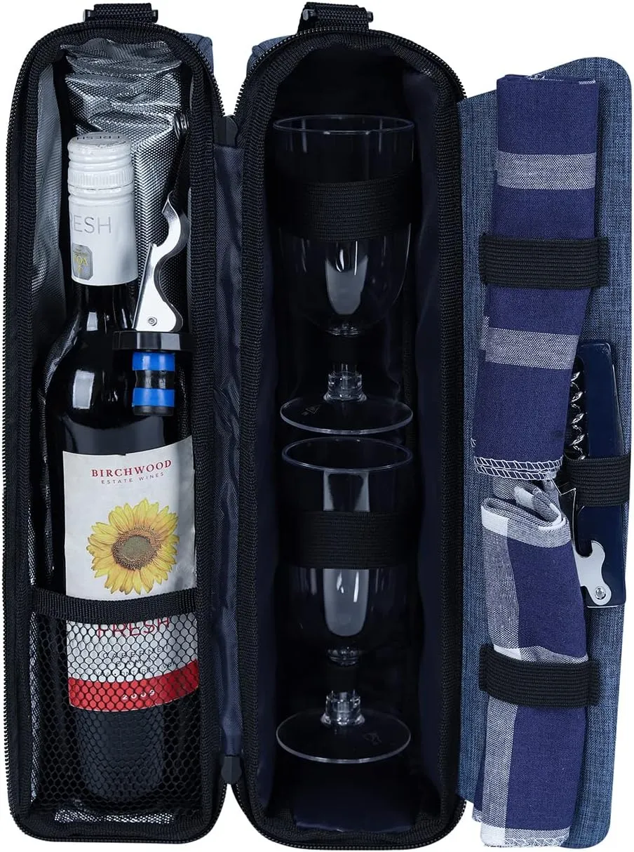 ALLCAMP Wine Tote Bag with Cooler Compartment，Picnic Set Carrying Two Sets of Tableware（Blue）